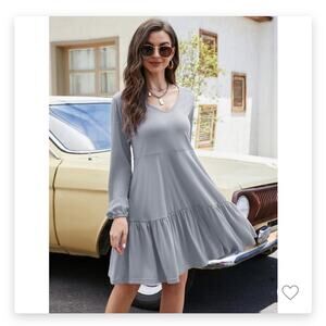 NWT- Gray Long sleeve Flowy Mini Dress, V Neck with ruffle Hem- Medium